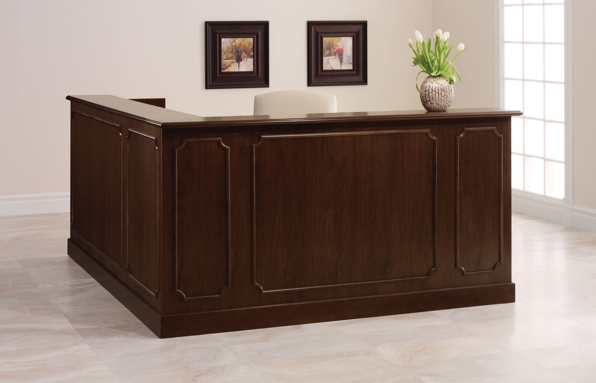Indiana Furniture, Desks + Workstations, Filing + Storage, Cameo Reception echoes history and creates a timeless foundation