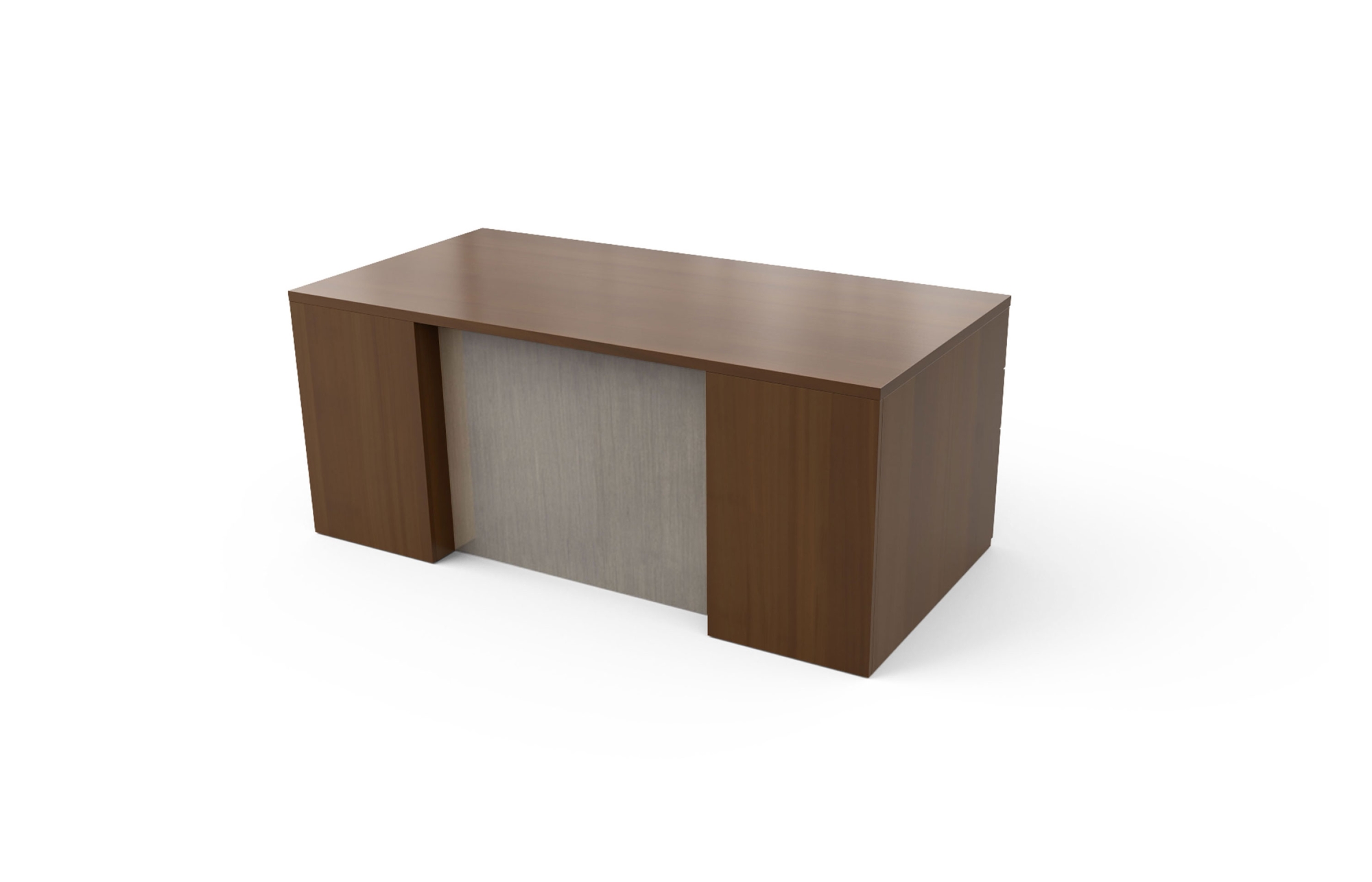 Double Pedestal Desk with Rectangle Top, Stepped Front, and High Gloss Acrylic Modesty