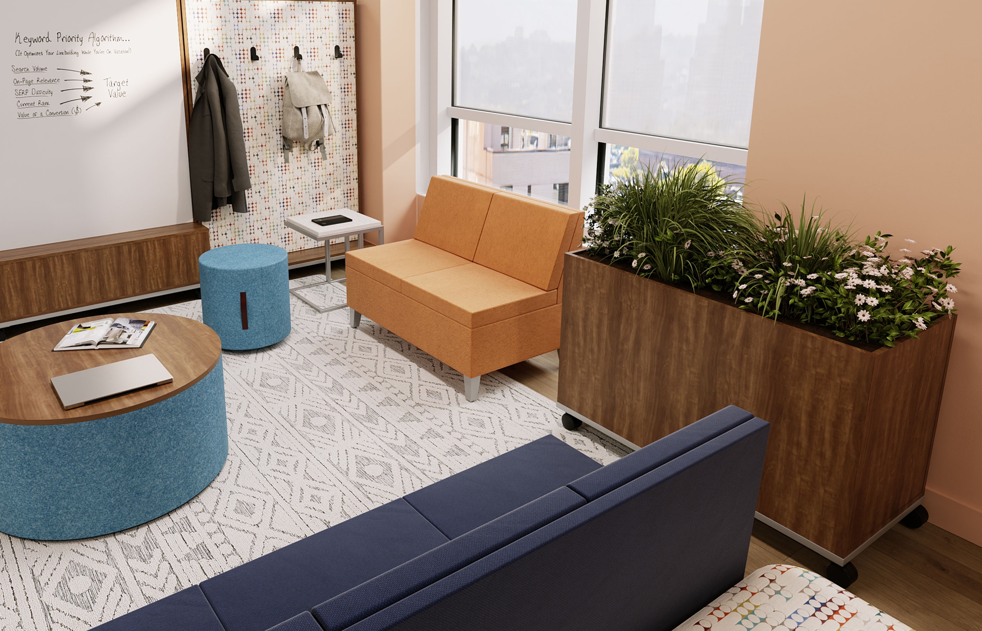 Indiana Furniture Synergy, Otty, Isla, Jot in blue and orange