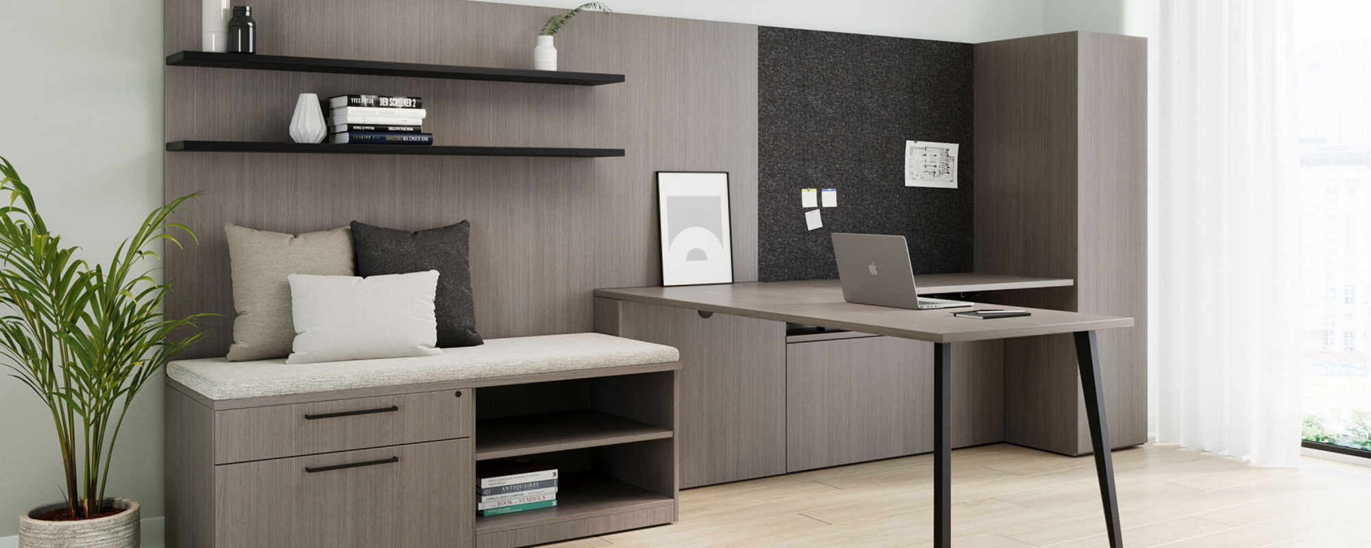 indianafurniture_canvas_gesso_workwall_runoff_iconiclegs_cush_3000x1200.jpg. A personal office created by using Canvas and Gesso casegoods. Shown with a runoff desk using Iconic legs, wall panels, tackboard, and floating shelves. storage unit in front of desk has a cushion on top for added seating and is decorated with three Cush pillows.