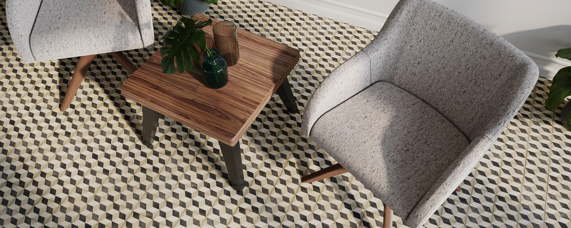 indianafurniture_serenity_4-starwood_natta_3000x1200.jpg. Shows two Serenity Chairs separated by a Natta Occasional Table. Flooring is very high design.