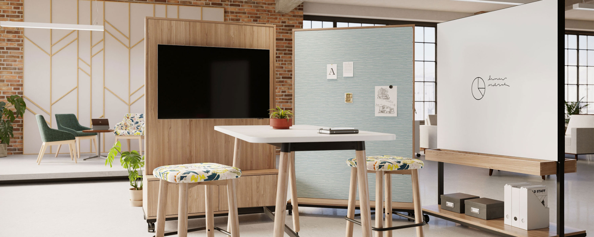 indianafurniture_synergy_countertable-stools_serenity_bailey_3000x1200.jpg. Shows an open space being separated by three Synergy mobile partitions. A mobile table and stools are being used with the partitions, and there are Serenity chairs and Plush Sofas in the background.