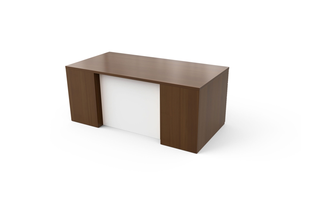 Double Pedestal Desk with Rectangle Top, Stepped Front, and High Gloss Acrylic Modesty
