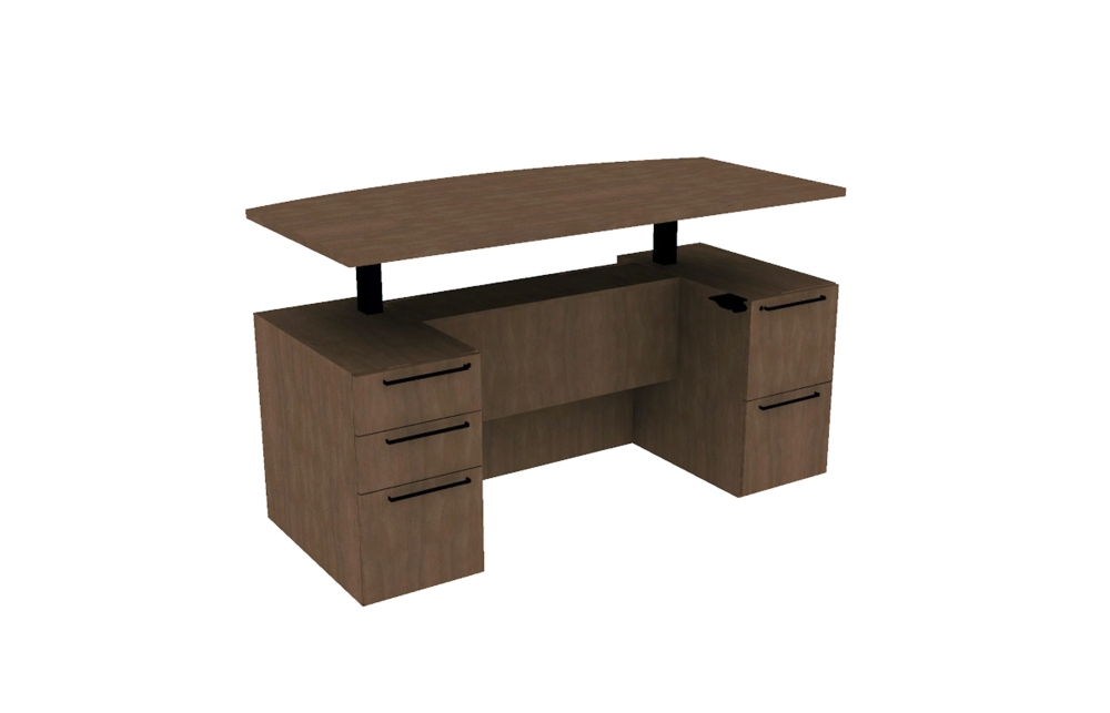 Veneer Height Adjustable Double Ped Desk with Bow Top and Stepped Front